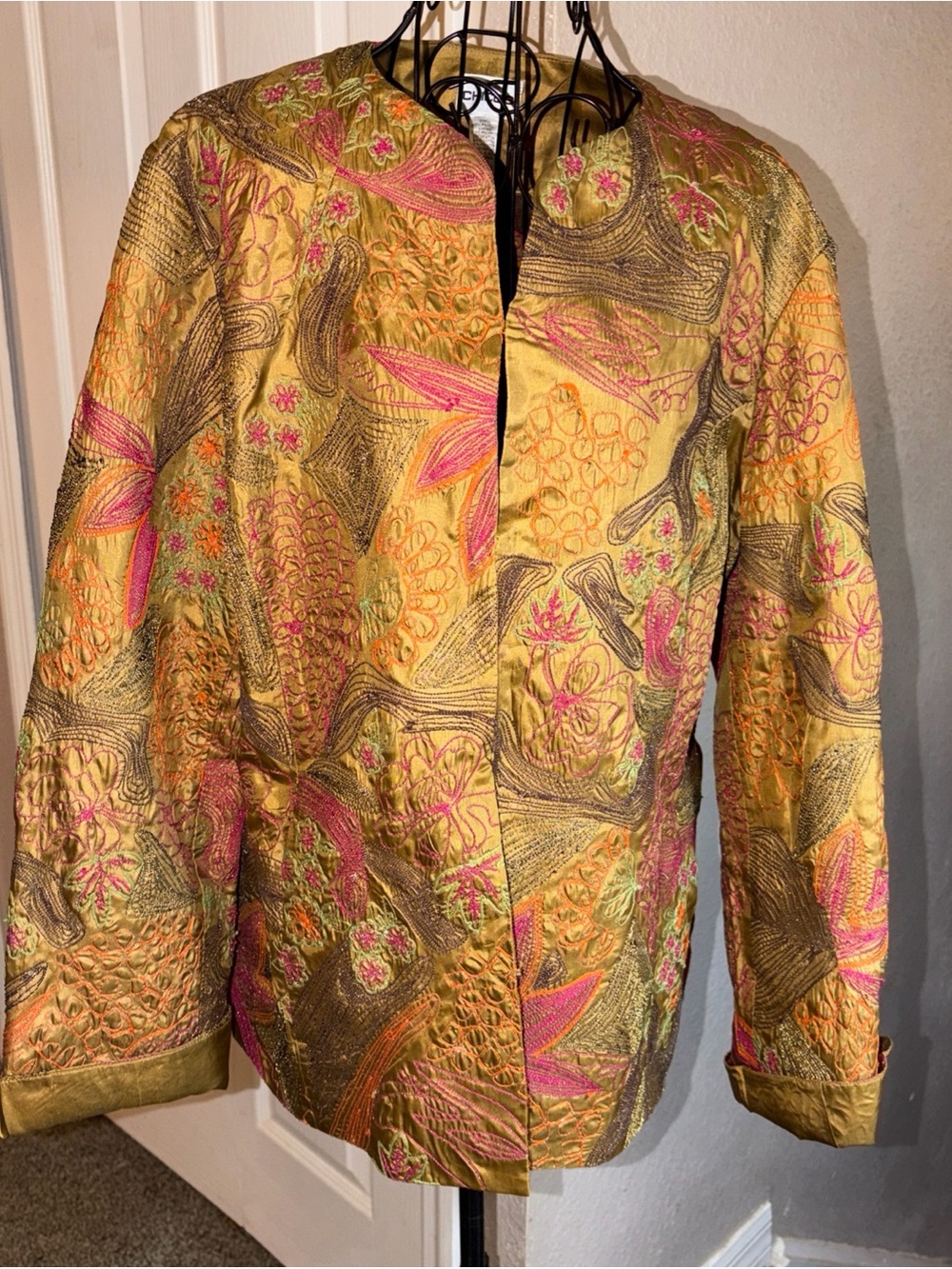 Chico's Gold Embroidered Jacket with Pink & Green Accents
